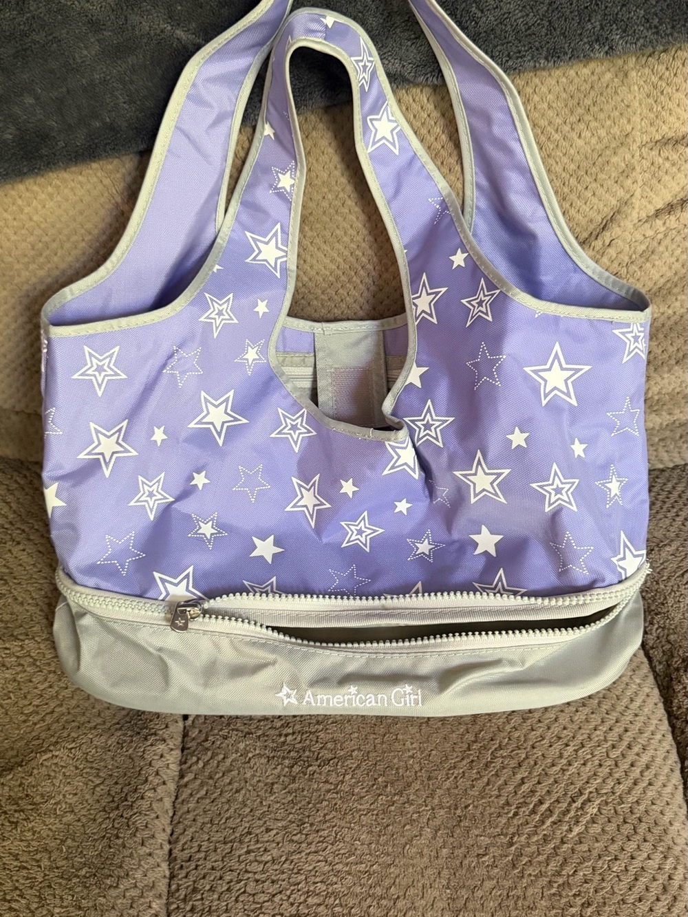 American Girl Lavender Star Print Tote with Silver Trim , doll carrying bag